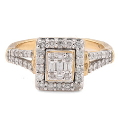 10k Yellow Gold 0.54CTW Natural Diamond Round/Baguette Square Womens Ring 3.6gms