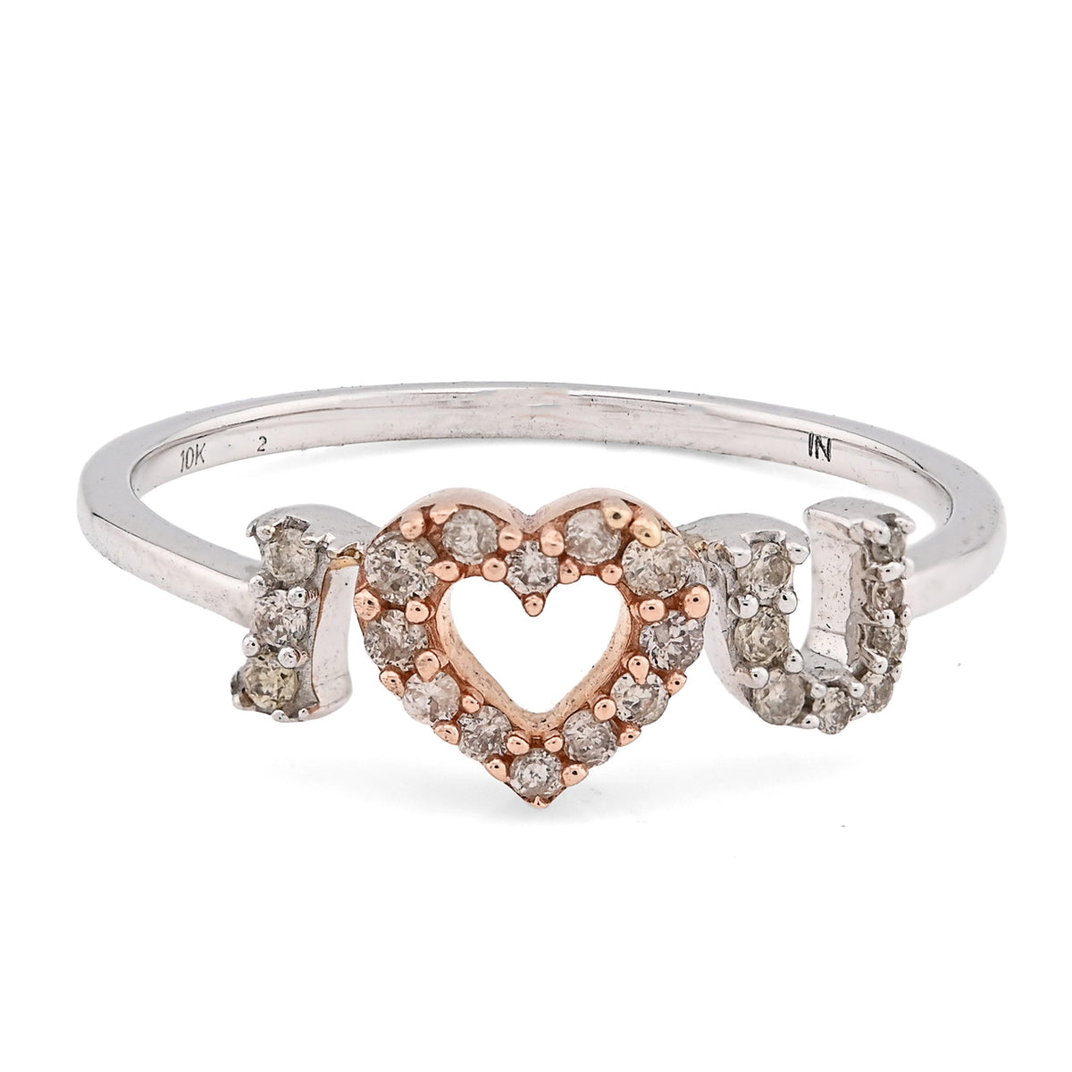 10k White/Rose Gold 0.15CTW Natural Diamond "I Heart U" Womens 1.7g Promise Ring