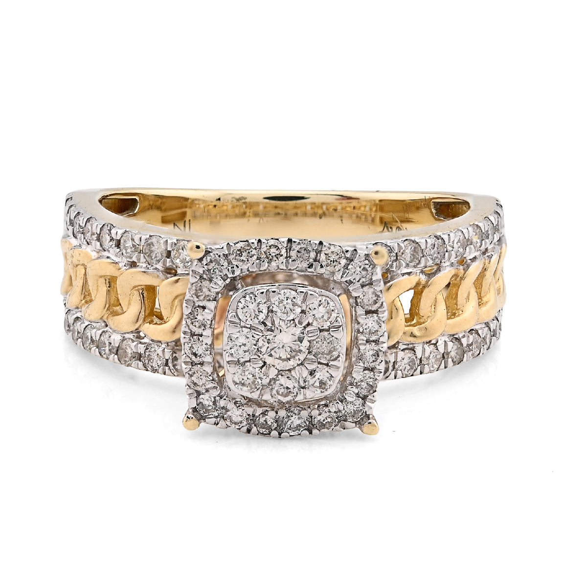 10k Yellow Gold 1.25 CTW Natural Diamond Cuban Link Square Womens Ring 4.4gms