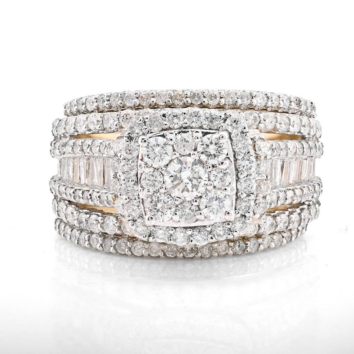 14k Yellow Gold 2.10CTW Natural Round/Baguette Diamond 3 Band Square Ring 12.2gm