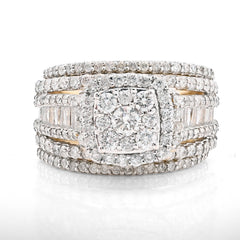 14k Yellow Gold 2.10CTW Natural Round/Baguette Diamond 3 Band Square Ring 12.2gm