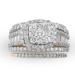 14k Yellow Gold 2.10CTW Natural Round/Baguette Diamond 3 Band Square Ring 12.2gm