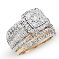 14k Yellow Gold 2.10CTW Natural Round/Baguette Diamond 3 Band Square Ring 12.2gm
