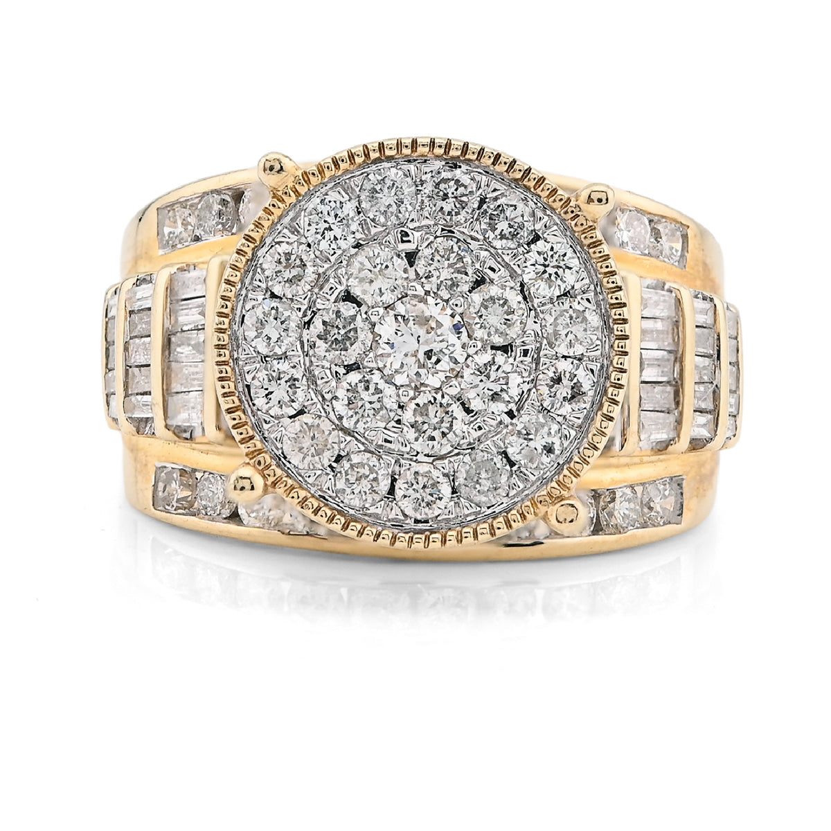 10k Yellow Gold 2 CTW Pure Round/Baguette Diamond Cluster Bridal Women Ring 8.1g