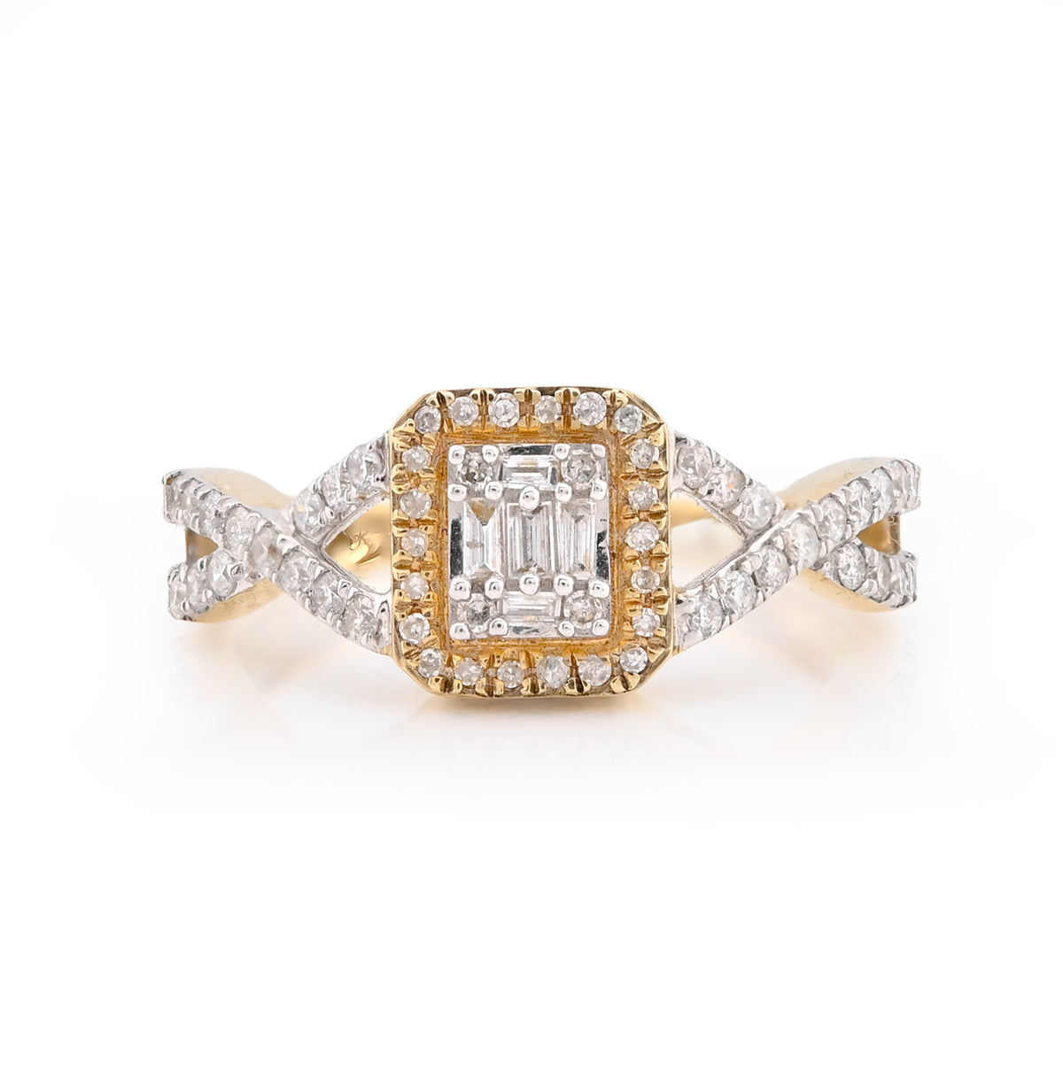 10k Yellow Gold 2.8g 1/2CT Pure Round/Baguette Diamond Square Twisted Shank Ring