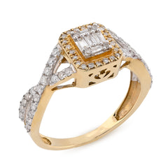 10k Yellow Gold 2.8g 1/2CT Pure Round/Baguette Diamond Square Twisted Shank Ring