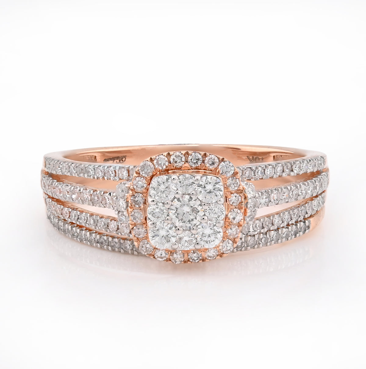 10k Rose Gold 3.4g 0.50CTW Pure Diamond Cushion Shaped Cluster Wedding Ring Band