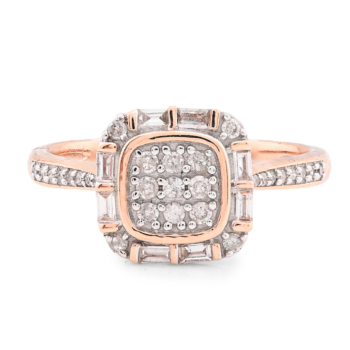 10k Rose Gold Womens Square Natural Diamond 0.33CTW Round/Baguette Ring 3.3gms