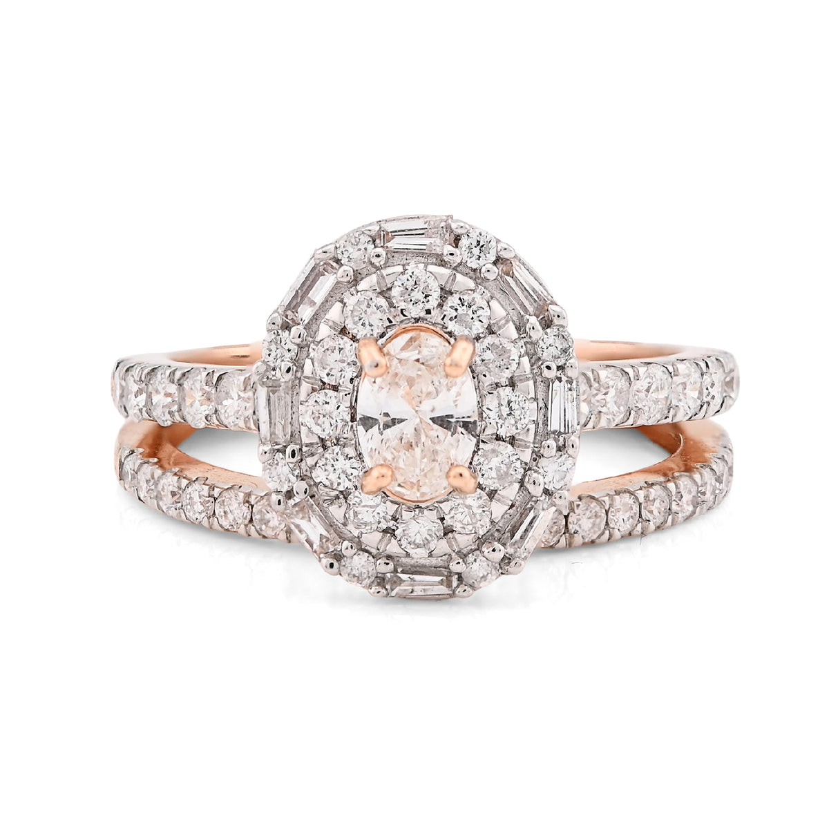 14k Rose Gold Oval Solitare 1.25CTW Pure Round/Baguette Diamond Band & Ring 5.4g