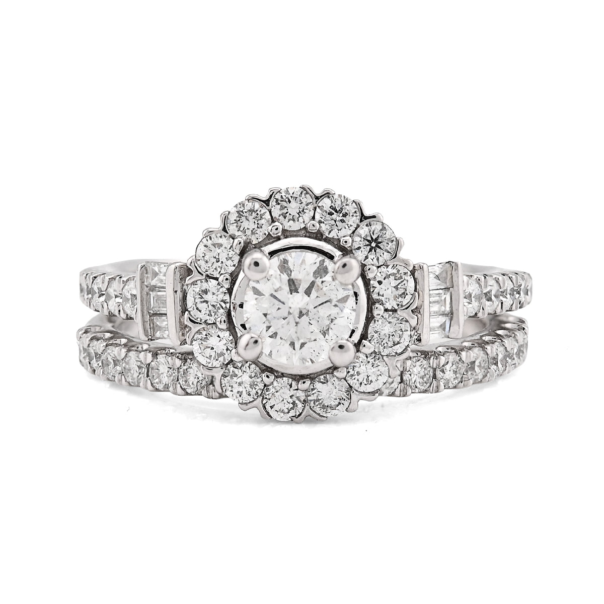14k White Gold 5.7g 1.50CT Pure Round/Baguette Diamond Bridal Halo Set Band Ring