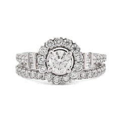 14k White Gold 5.7g 1.50CT Pure Round/Baguette Diamond Bridal Halo Set Band Ring