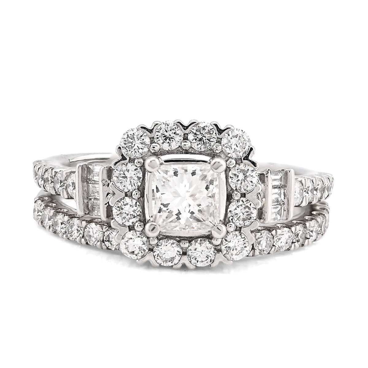 14k White Gold 5.6g 1.50CTW Round/Baguette Diamond Square Bridal Set Ring Band