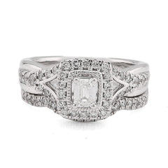 14k White Gold 8gms 0.96CTW Natural Diamond Emerald Cut Bridal Set Band Ring