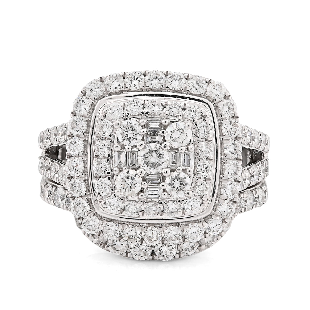 14k White Gold 7.4g 1.98CTW Round/Baguette Diamond Cushion Square Band Ring Set