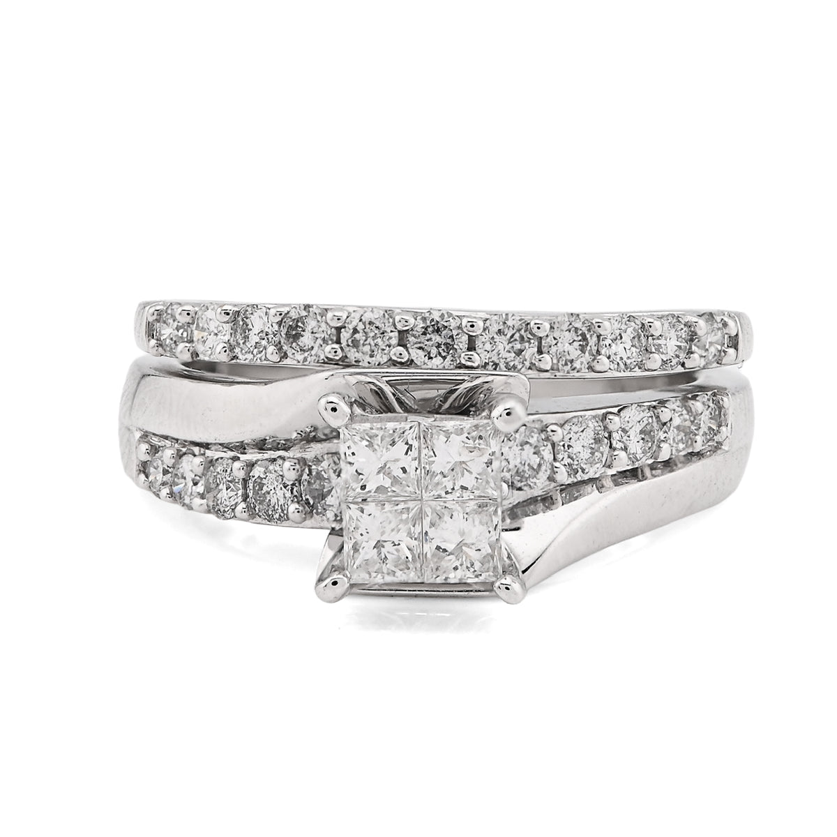 14k White Gold 7.2gms 1 CTW Natural Diamond Princess Cut Bridal Set Ring & Band