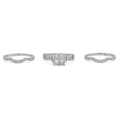 14k White Gold 1.50 CTW Natural Diamond Princess Cut/Round Square Shape Women  Band Wedding Ring 7.8g