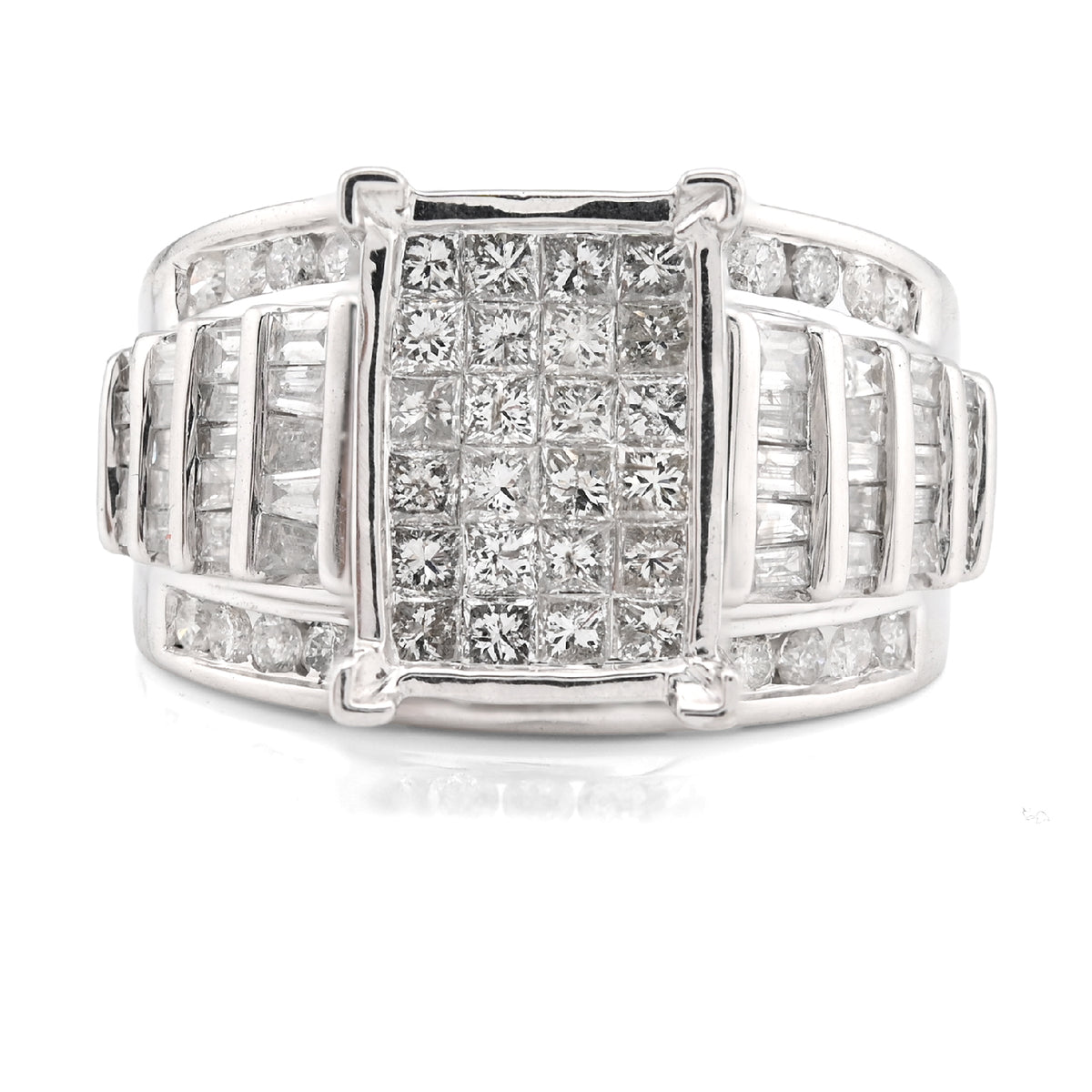 10k White Gold 2 CTW Natural Diamond Princess/Round/Baguette Rectangular Women Wedding Ring 8.1g