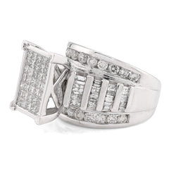 10k White Gold 3 CTW Natural Diamond Princess/Round/Baguette Rectangular Women Wedding Ring 10.1g