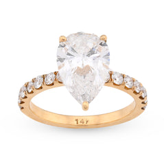 14k Yellow Gold 3.85 CTW Tear Drop Solitaire Lab Diamond Women's Ring 3.6g