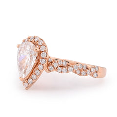 14k Rose Gold 1.48 CTW Pear Shape Solitaire Halo Round Lab Diamond Band Women Ring 4.1g