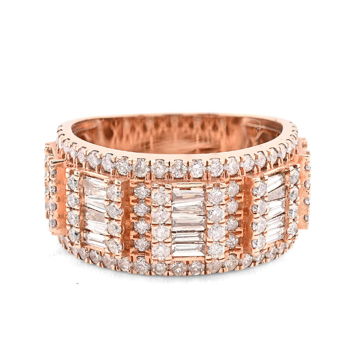 14k Rose Gold 3.75 CTW Round/Baguette Natural Diamond Men Band Ring 10.3gms