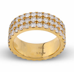 10k Yellow Gold 3 Row Round 5.71 CTW Natural Diamond Floded Men Band Ring Size 10 12.2gm