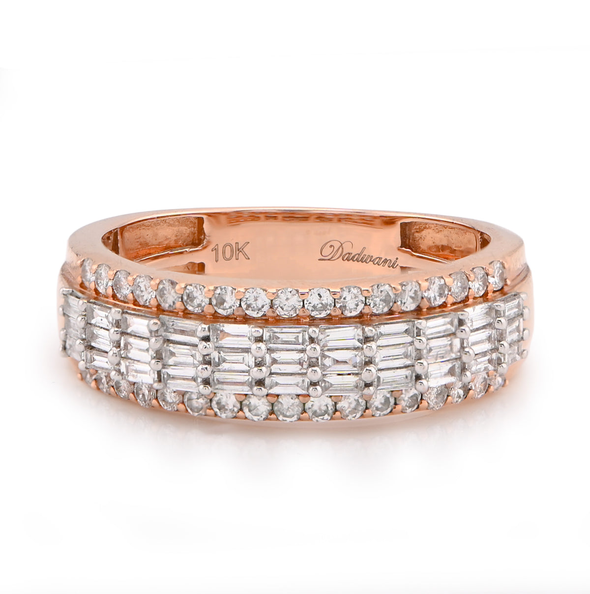 10k Rose Gold 0.90 CTW Round/Baguette Three Row Natural Diamond Mens Ring 4.7gms