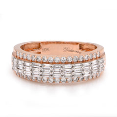 10k Rose Gold 0.90 CTW Round/Baguette Three Row Natural Diamond Mens Ring 4.7gms