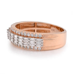 10k Rose Gold 0.90 CTW Round/Baguette Three Row Natural Diamond Mens Ring 4.7gms