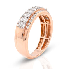 10k Rose Gold 0.90 CTW Round/Baguette Three Row Natural Diamond Mens Ring 4.7gms