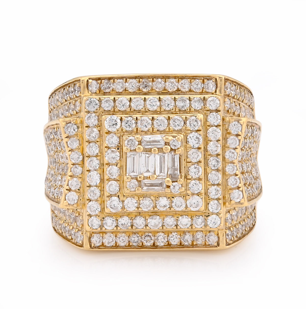 10k Yellow Gold 3 Level Rectangle Baguette Centre 2.32 CTW Natural Diamond Men Pinky Ring 14.8g