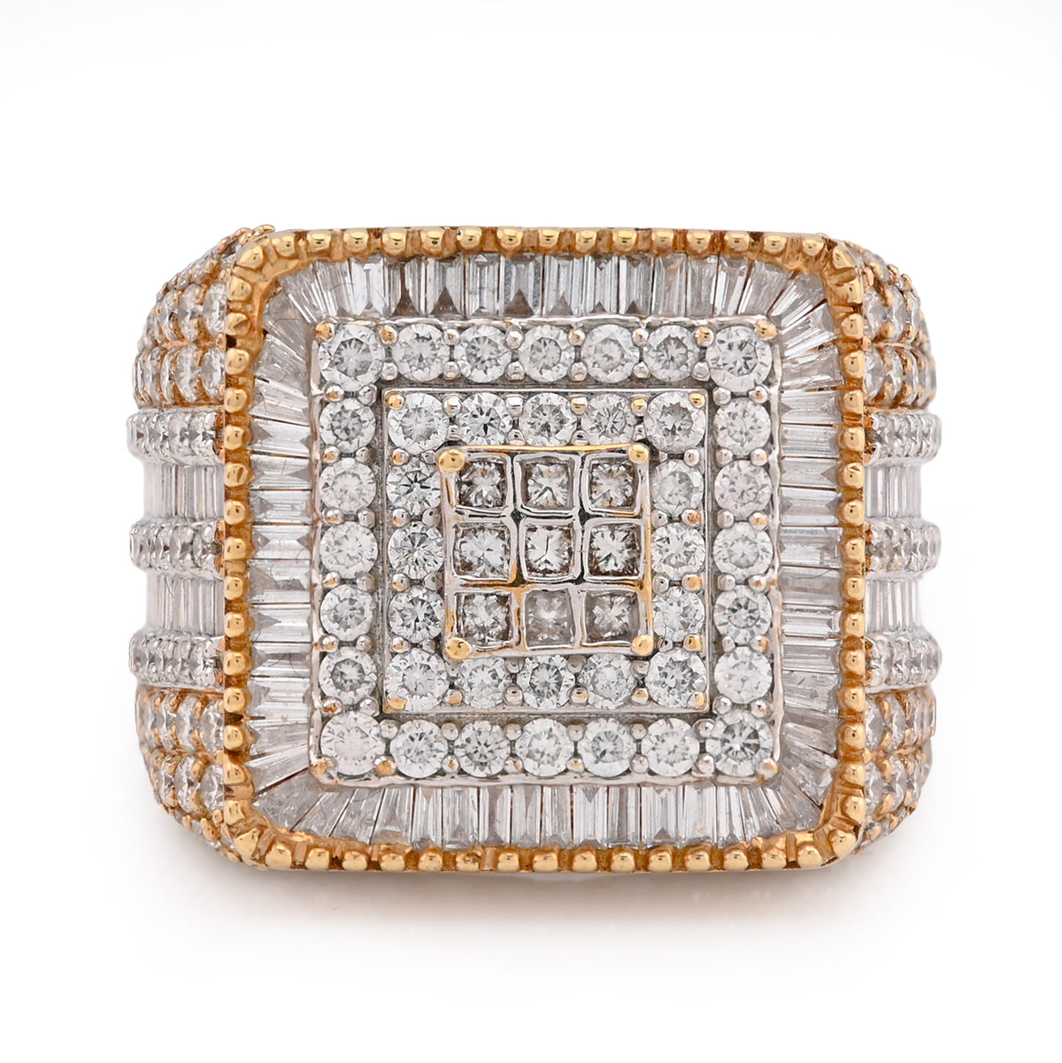 10k Yellow/White Gold 2 Row Rectangular President's Style 1.05 CTW Natural Diamond Men Pinky Ring 9.6g