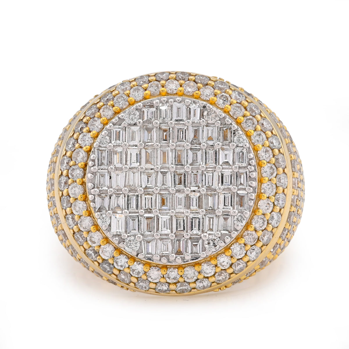 10k Yellow Gold Baguette Centre Side Iced 4.74 CTW Natural Diamond Round Men Pinky Ring 15.5g