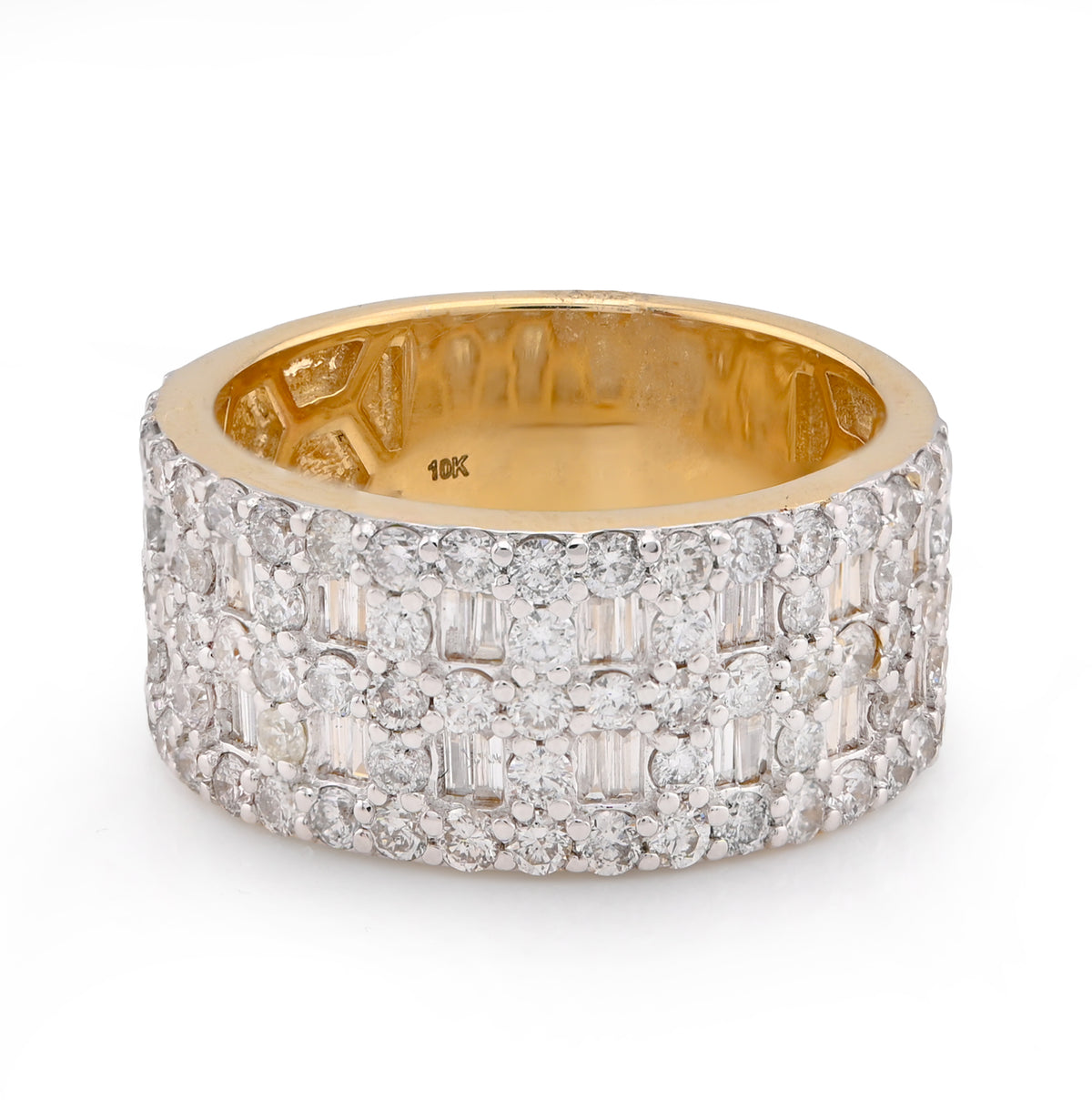 10k Yellow Gold 3 Row Cage Round/Baguette 2.50 CTW Natural Diamond Men Pinky Band Ring 10.2g