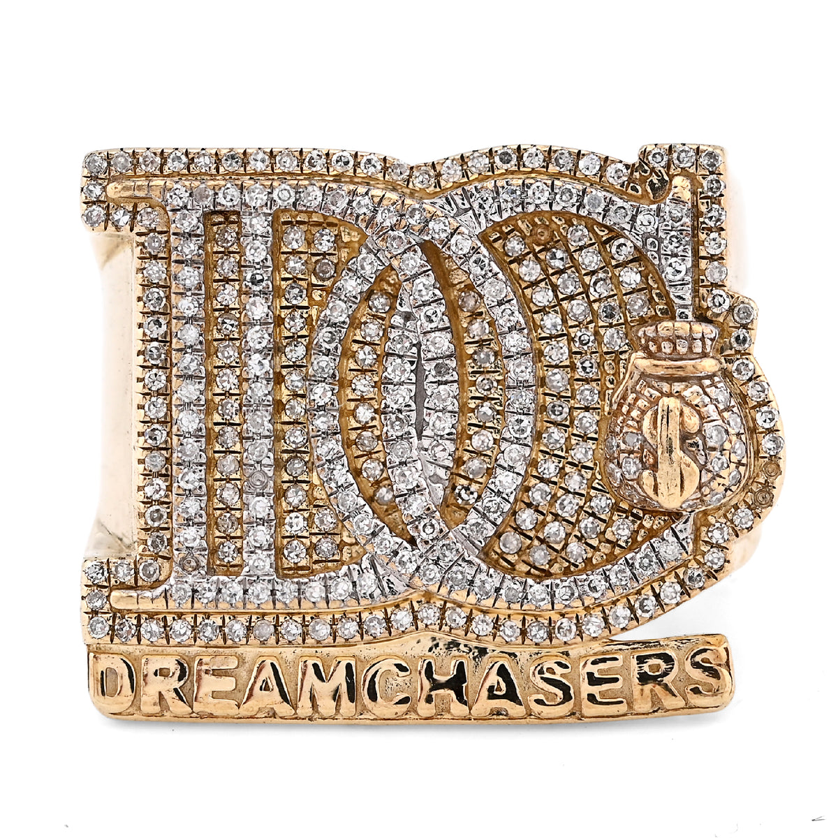 10k Yellow Gold 1.38 CTW Dream Chasers Inital Natural Diamond Money Bag Men Pinky Ring 12.4g