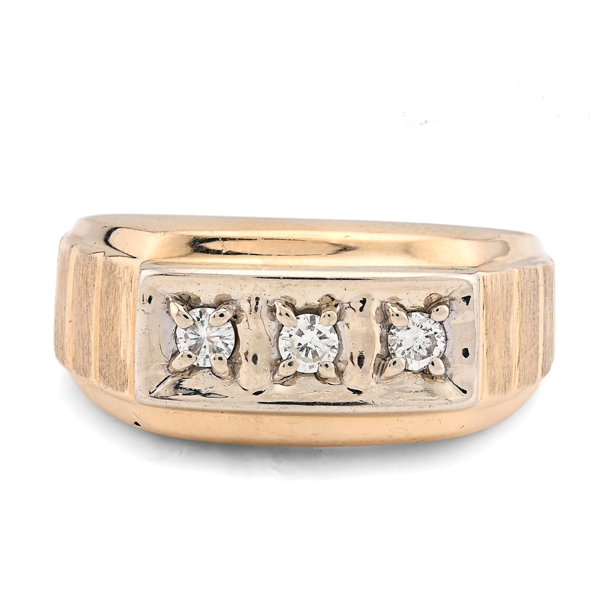 10k Yellow Gold 0.9 CTW 3 Diamond Solitaire Centre Men President's Ring 9.8g