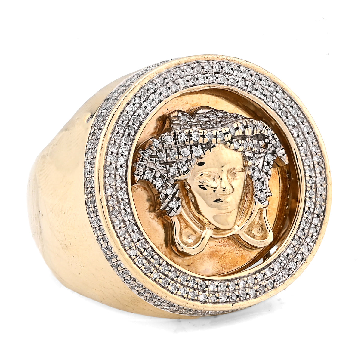 10k Yellow Gold Round Medisa Face 1 CTW Natural Diamond Men Pinky Ring 10.3g