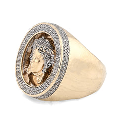 10k Yellow Gold Round Medisa Face 1 CTW Natural Diamond Men Pinky Ring 10.3g