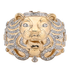 10k Yellow Gold 0.75 CTW Natural Diamond Roaring Lion Head Men Pinky Ring 11.8g