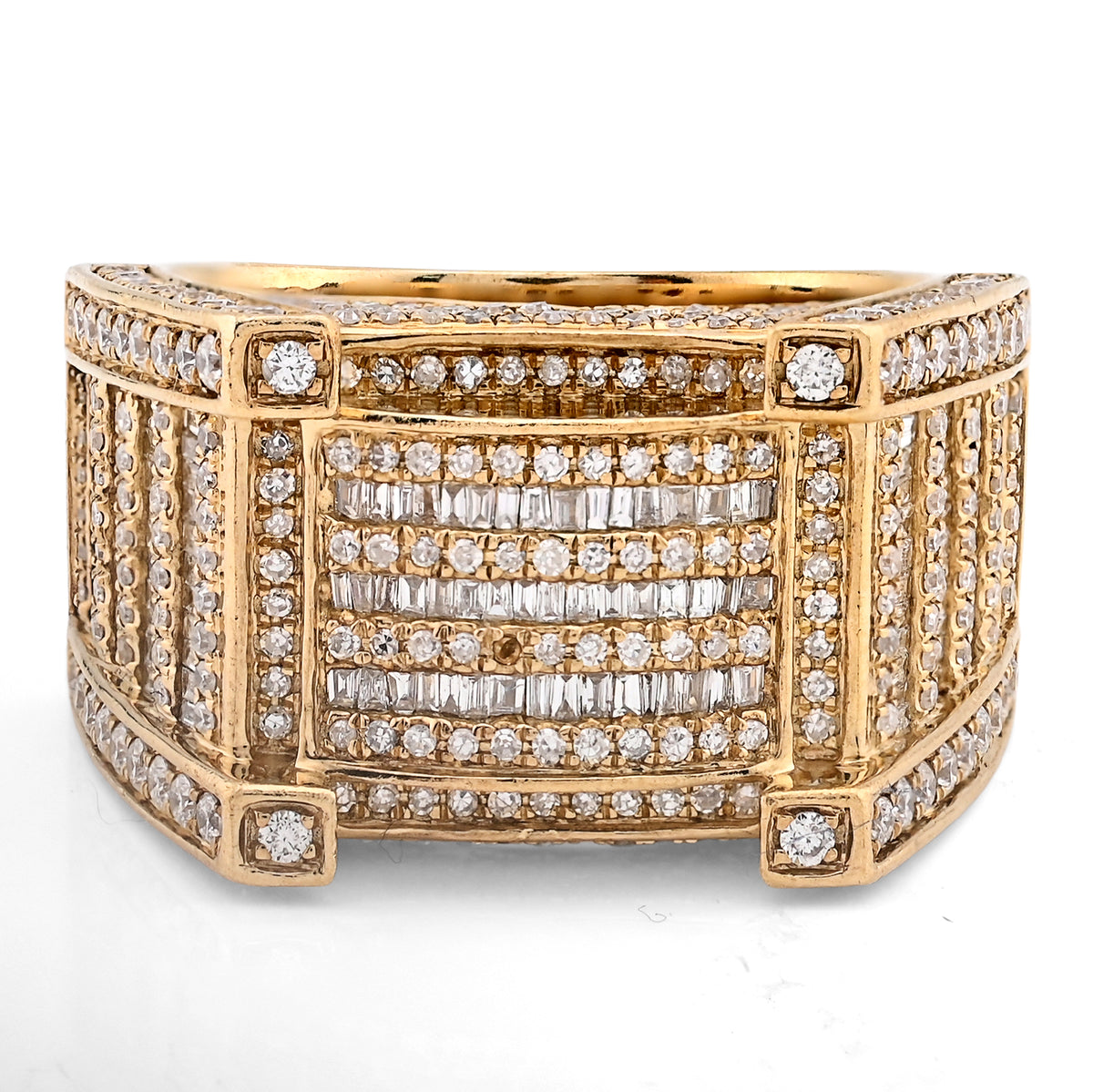 10k Yellow Gold 2.06 CTW Natural Diamond 3 Row Baguette Side Iced Men Pinky Ring 14.6g