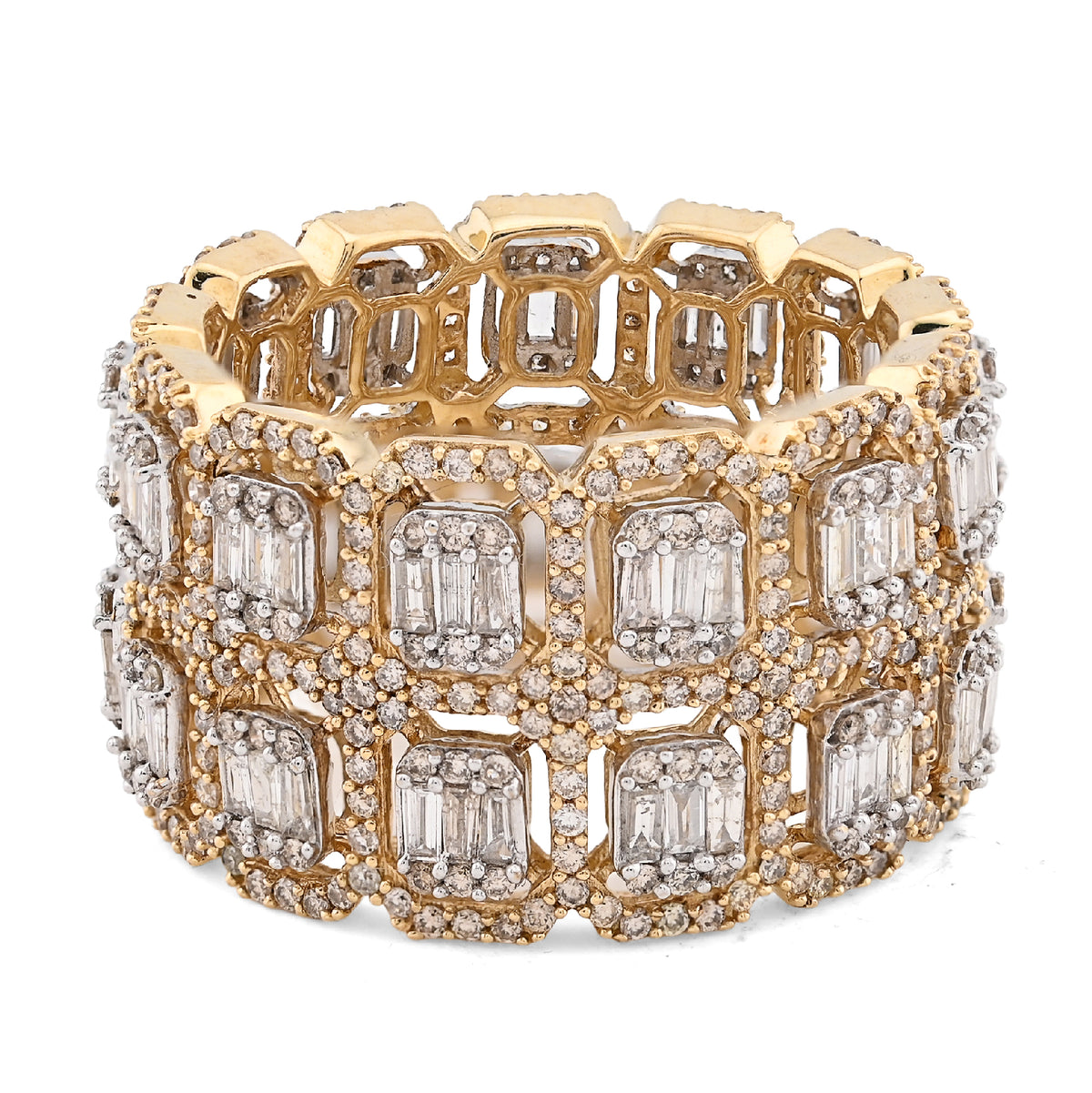 10k Yellow Gold 2 Row Round/Baguette 7 CTW Natural Diamond All Iced Men Ring 10.2g