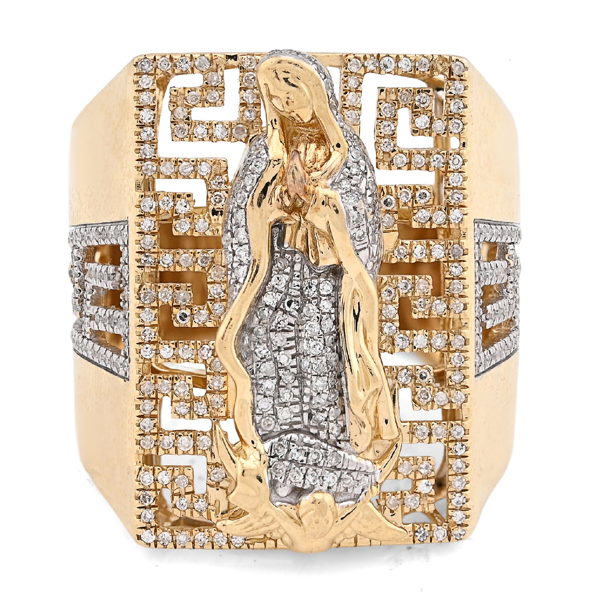 10k Yellow Gold 0.75 CTW Virgin Mary Rectangular Shape Natural Diamond Men Ring 15.6g