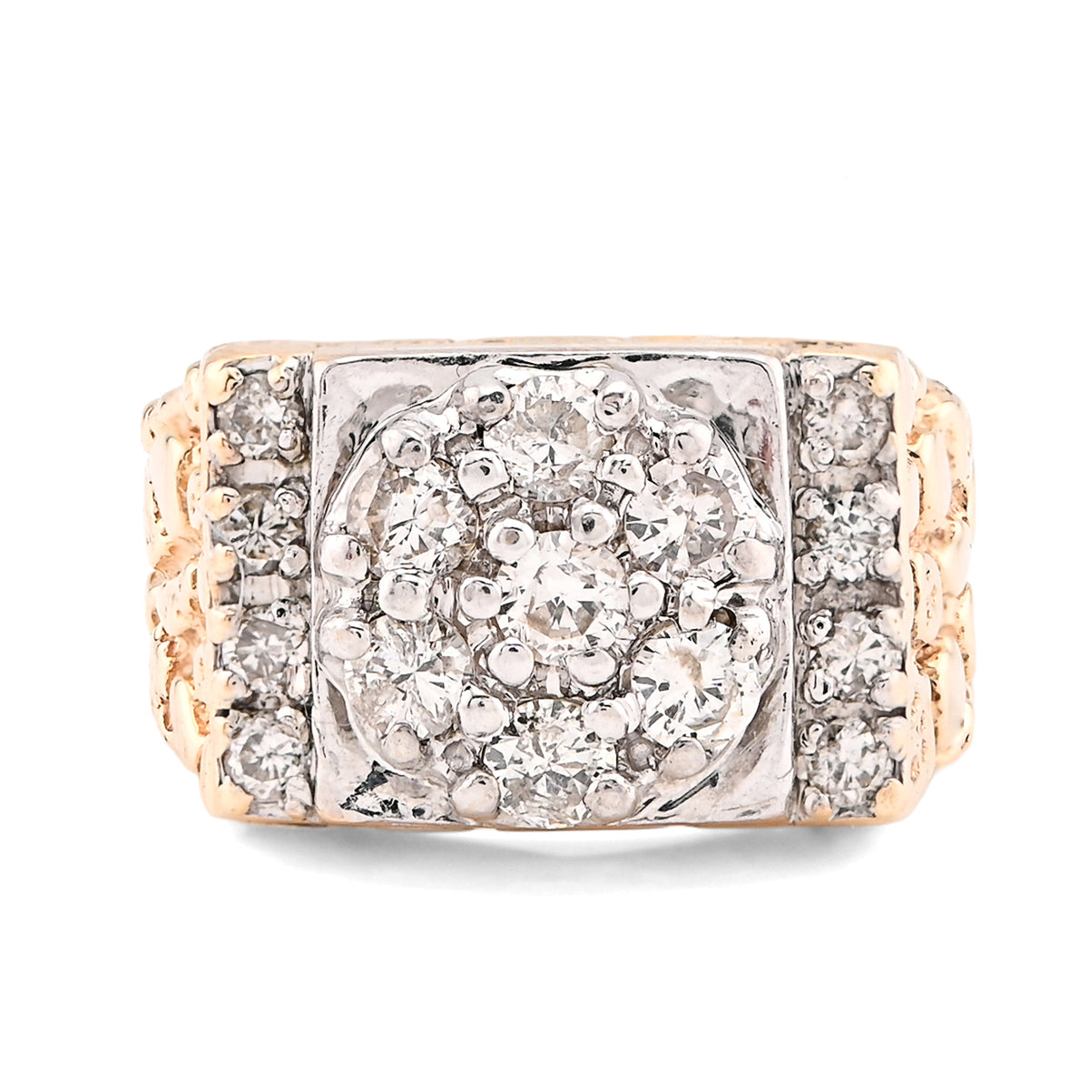 10k Yellow Gold Flower Cluster Centre Rectangular 1.62 CTW Natural Diamond Nugget Men Ring 8.7g
