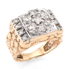 10k Yellow Gold Flower Cluster Centre Rectangular 1.62 CTW Natural Diamond Nugget Men Ring 8.7g