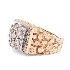 10k Yellow Gold Flower Cluster Centre Rectangular 1.62 CTW Natural Diamond Nugget Men Ring 8.7g