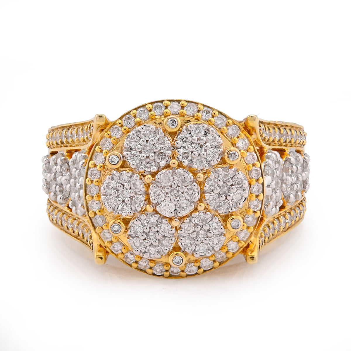 10k Yellow Gold 1.75 CTW Natural Diamond Round Halo Flower Cluster Side Iced Men Pinky Ring 11.4g