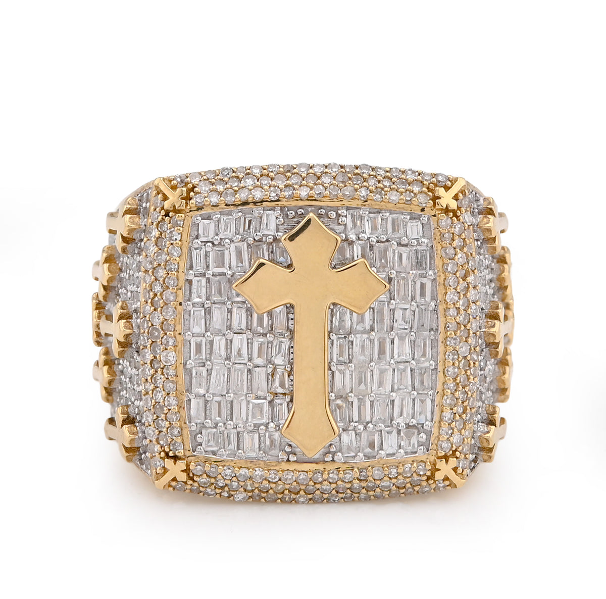10k Yellow Gold 2.30 CTW Round/Baguette Rectangle Natural Diamond Centre Cross Side Iced Men Pinky Ring 10g