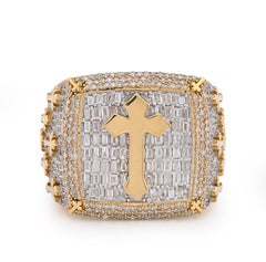 10k Yellow Gold 2.30 CTW Round/Baguette Rectangle Natural Diamond Centre Cross Side Iced Men Pinky Ring 10g