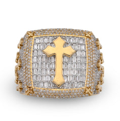 10k Yellow Gold 2.30 CTW Round/Baguette Rectangle Natural Diamond Centre Cross Side Iced Men Pinky Ring 10g