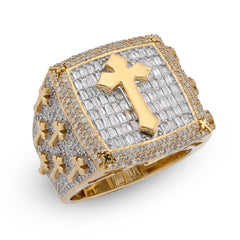 10k Yellow Gold 2.30 CTW Round/Baguette Rectangle Natural Diamond Centre Cross Side Iced Men Pinky Ring 10g
